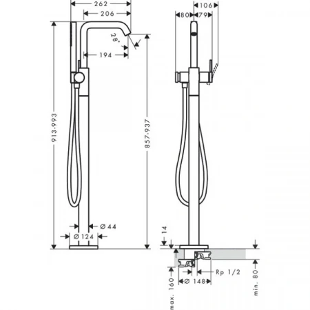 Фото напольный смеситель для ванны hansgrohe tecturis s 73440700