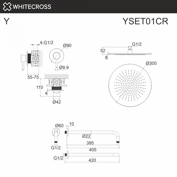 Фото душевой набор со встроенным смесителем и верхним душем whitecross y yset01cr, цвет: хром