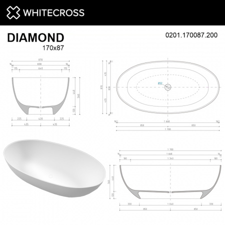 Фото ванна из искусственного камня whitecross diamond 170x87 см 0201.170087.200