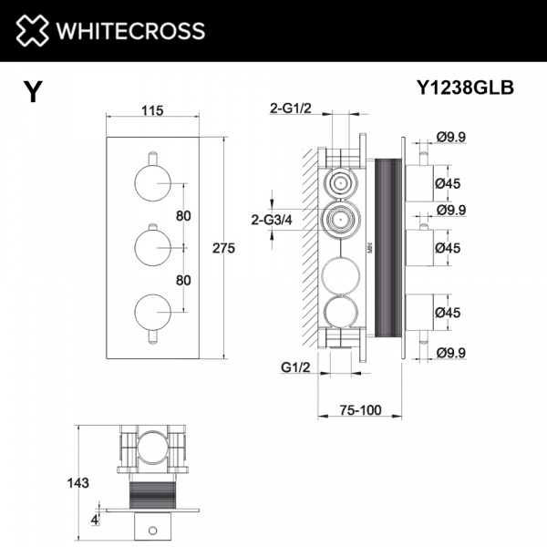 Фото встраиваемый термостатический смеситель для душа whitecross y y1238glb, цвет: золото