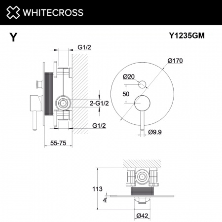 Фото встраиваемый смеситель для душа whitecross y y1235gm, цвет: оружейная сталь