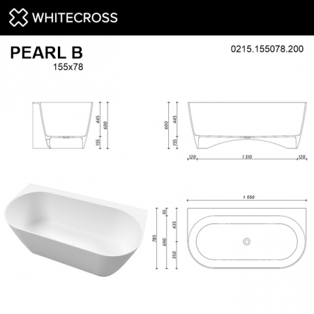 Фото ванна из искусственного камня whitecross pearl b 155x78 см 0215.155078.200