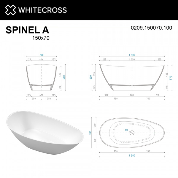 Фото ванна из искусственного камня whitecross spinel a 150x70 см 0209.150070.100