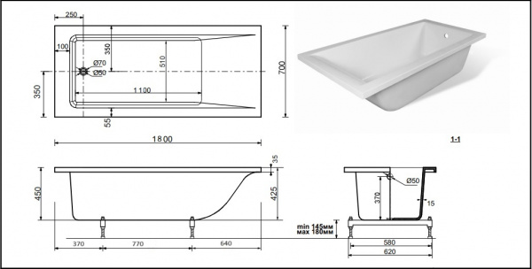 Фото ванна из искусственного камня bogema sofix 180 x 70 см vs18070m