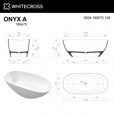 Фото ванна из искусственного камня whitecross onyx a 160x75 см 0204.160075.100