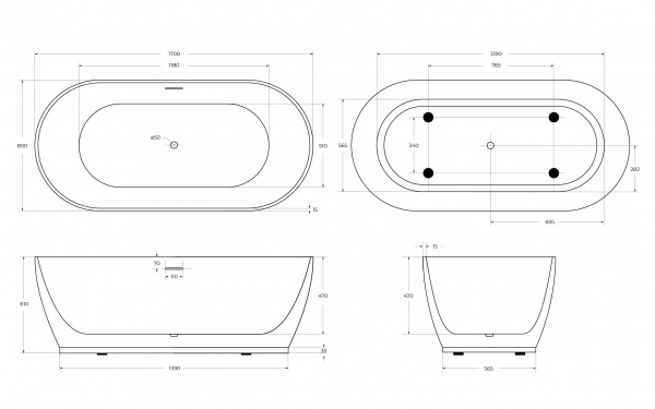Фото акриловая ванна belbagno bb413-1700-800-matt 170x80 см