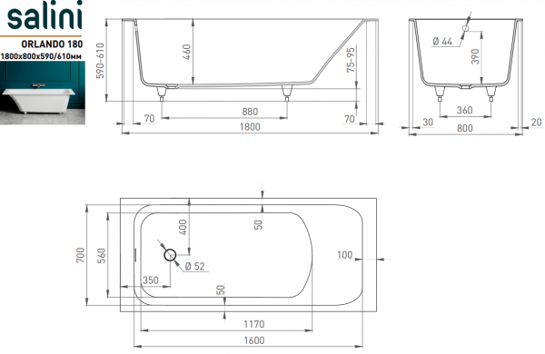 Фото ванна из искусственного камня salini orlando 102022m 180x80 см, матовая