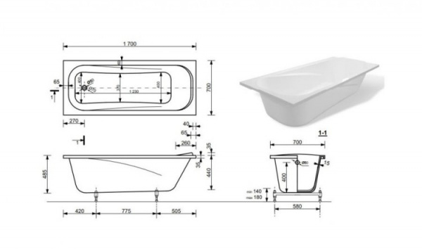 Фото ванна из искусственного камня эстет alfa 170а slim 170x70 см фр-00016269