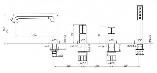 Фото смеситель на борт ванны belbagno uno uno-bvd4-crm