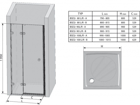 Фото душевая дверь ravak brilliant bsd2 a l/r 90 см 0ul7aa00z1