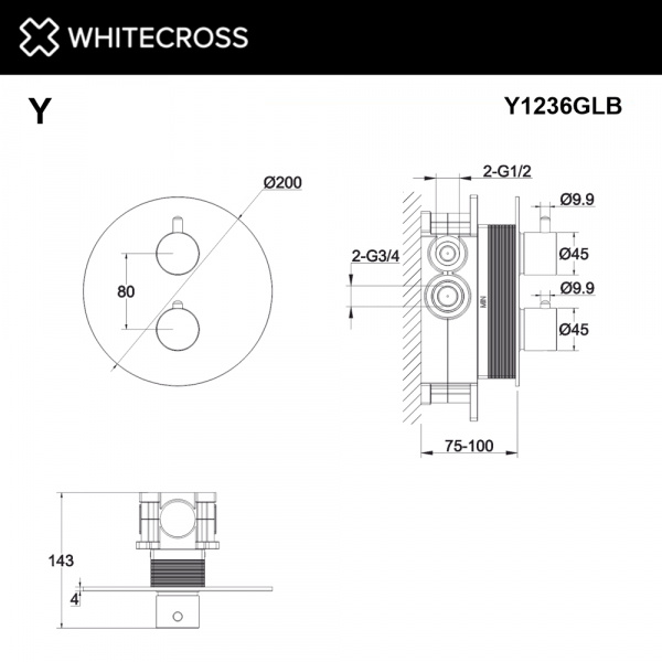 Фото встраиваемый термостатический смеситель для душа whitecross y y1236glb, цвет: золото