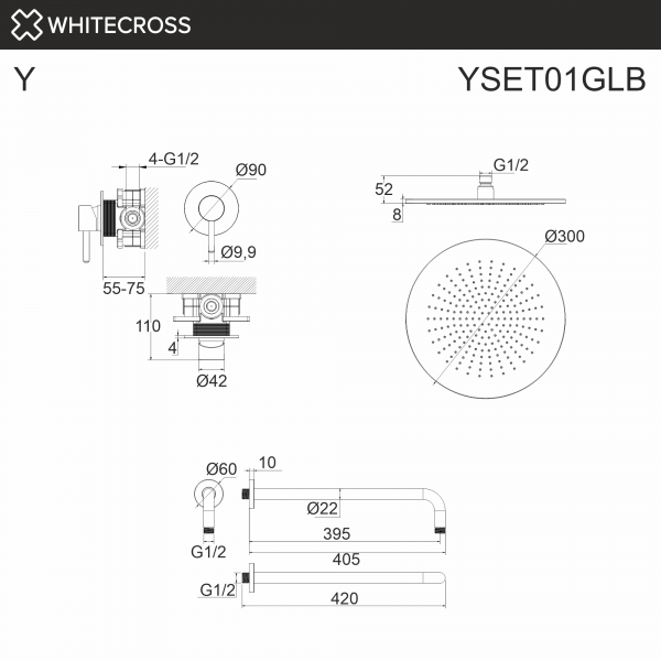 Фото душевой набор со встроенным смесителем и верхним душем whitecross y yset01glb, цвет: золото
