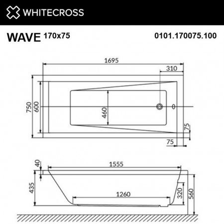 Фото акриловая ванна whitecross wave 170x75 см nano 0101.170075.100.nano.gl