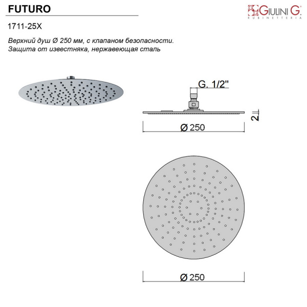 Фото верхний душ с держателем giulini futuro, цвет: хром 1711-25x